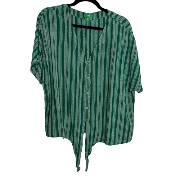 Dip Women's Green Striped Blouse XL Linen Blend Button Down Tie Front Casual - Picture 1 of 6